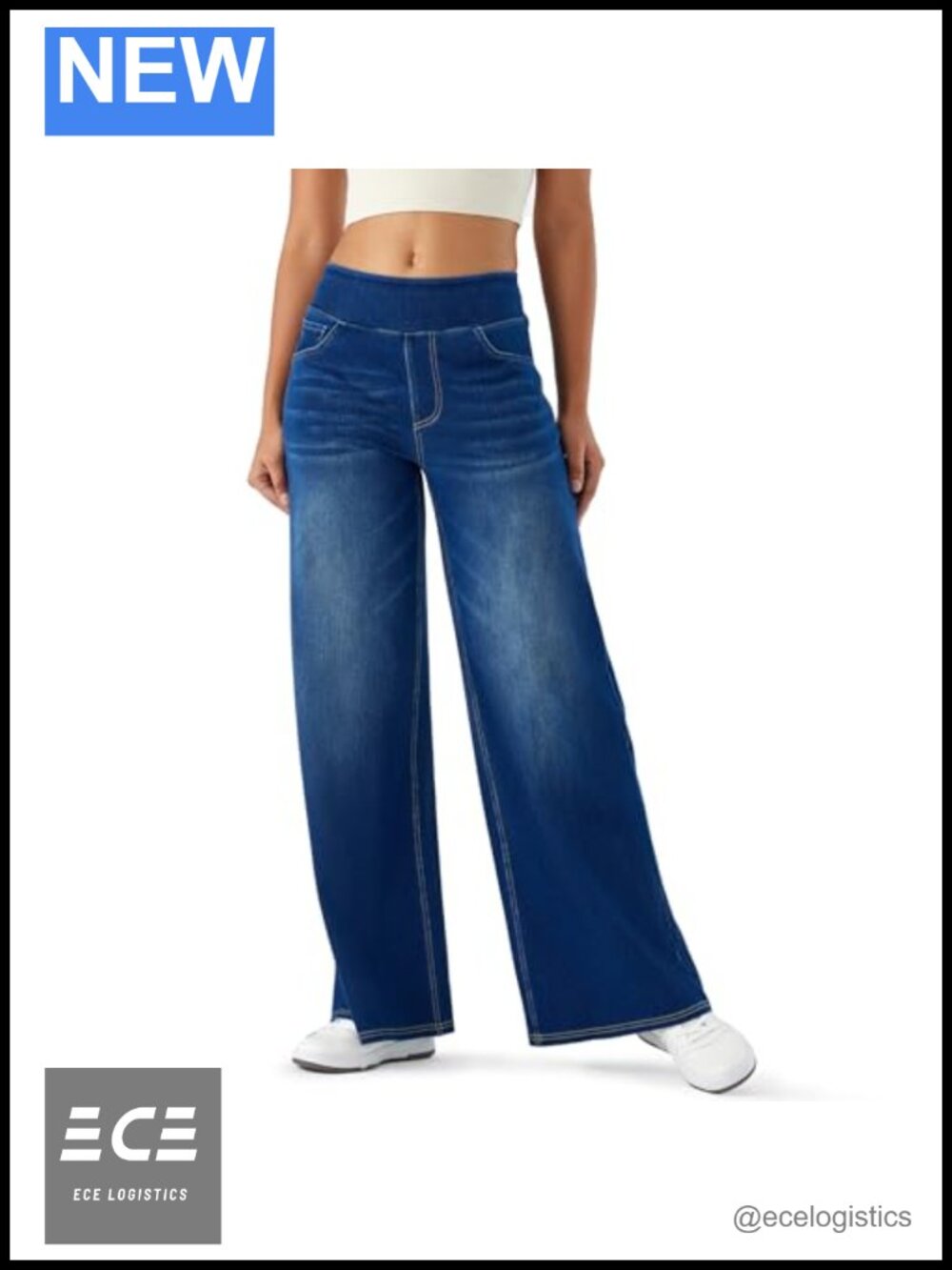 High Waisted Wide Leg Pull On Stretch Jeans Comfort Elastic Waist